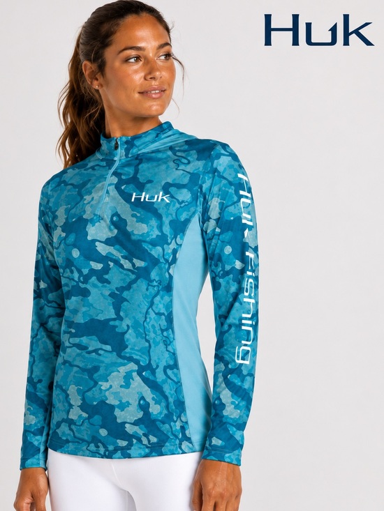 Huk Tops - HUK Women’s Current Camo Icon X Hoodie Blue Fishing Performance UPF Top Size M